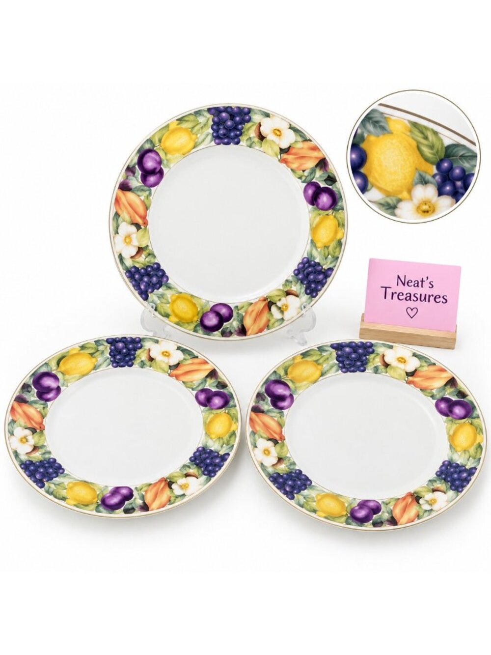 Dansk CORNUCOPIA Various Fruits Vegetable Tan Bands China Dinner Plates Set of 3